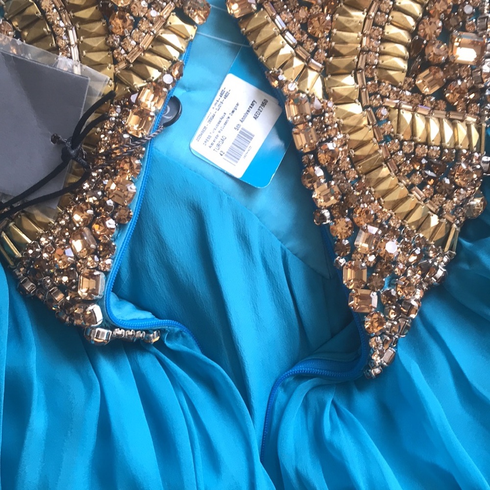 ALEXANDER MCQUEEN Dress NWT Turquoise Chiffon w/Bronze Swarovski Size 42 US 8-10 - Picture 13 of 17